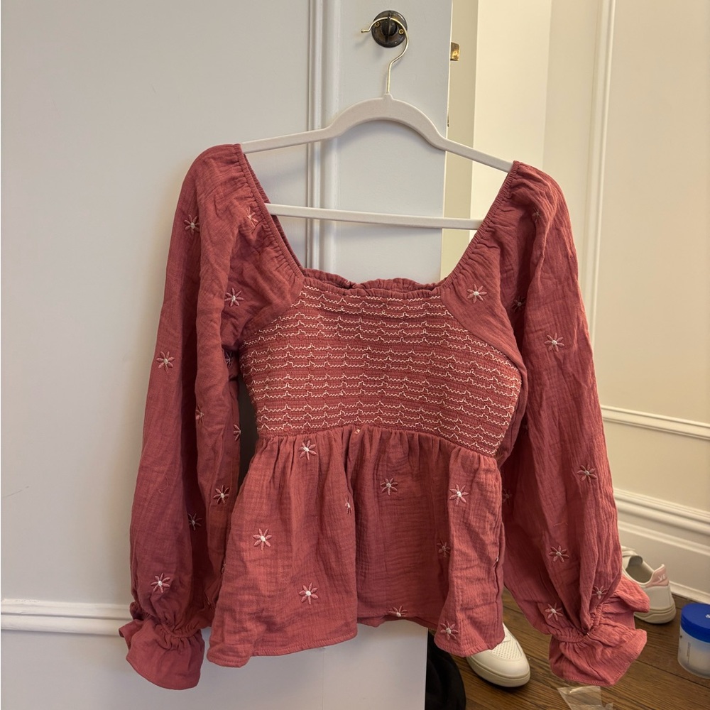 Pink Lily Rose-Pink Smocked Peplum Long-Sleeve Blouse NWOT